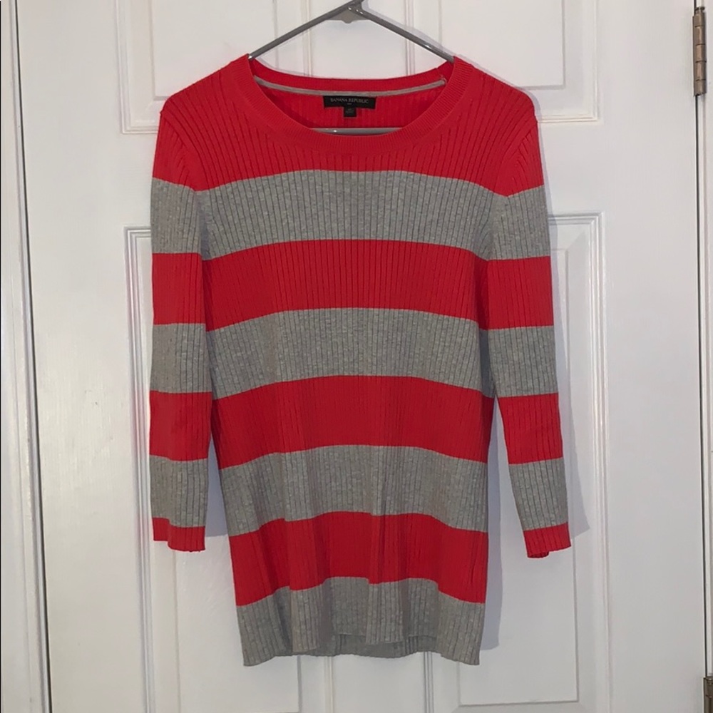 Pink and gray striped 3 quarter sleeve